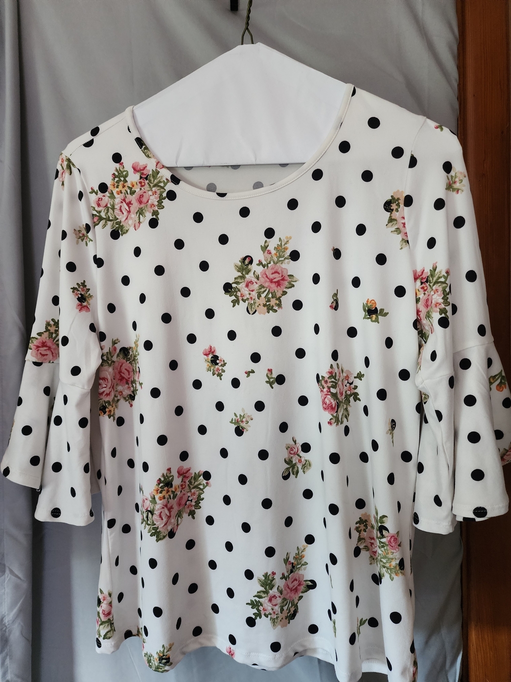 Doublju White Polka Dot Blouse with Pink Floral Accents